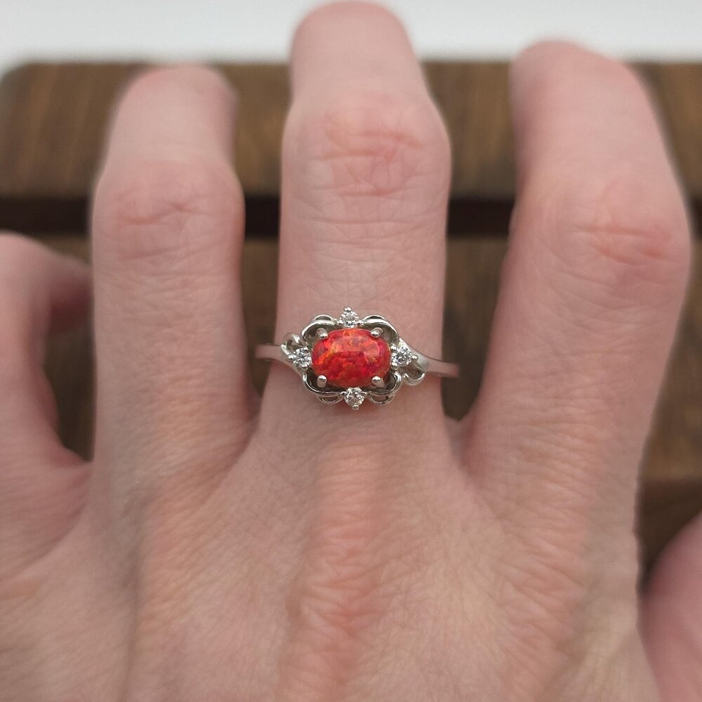 Size 10 Sterling Silver Fire Opal And Cubic Zirconia Ring A1466